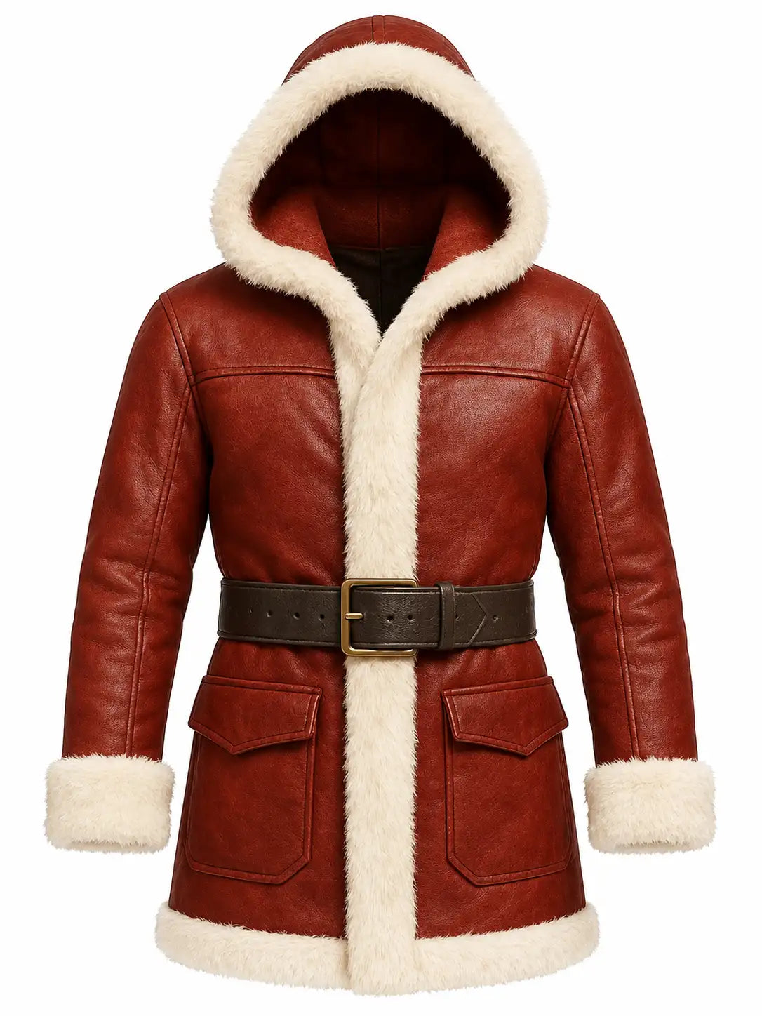 Men's Red Sheepskin Leather Santa Coat