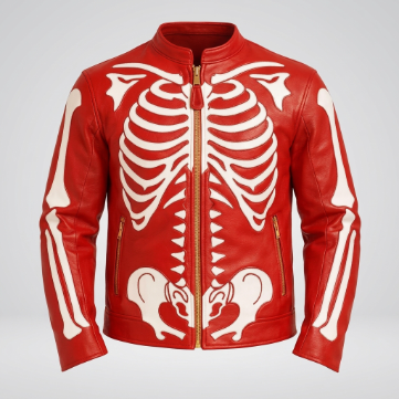 Men's Red Skeleton Style Leather Motorcycle Jacket