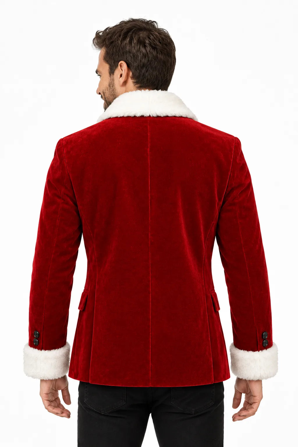 Men's Red Velvet Blazer with White Faux Fur Collar