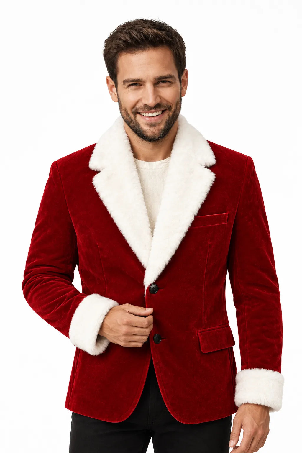 Men's Red Velvet Blazer with White Faux Fur Collar