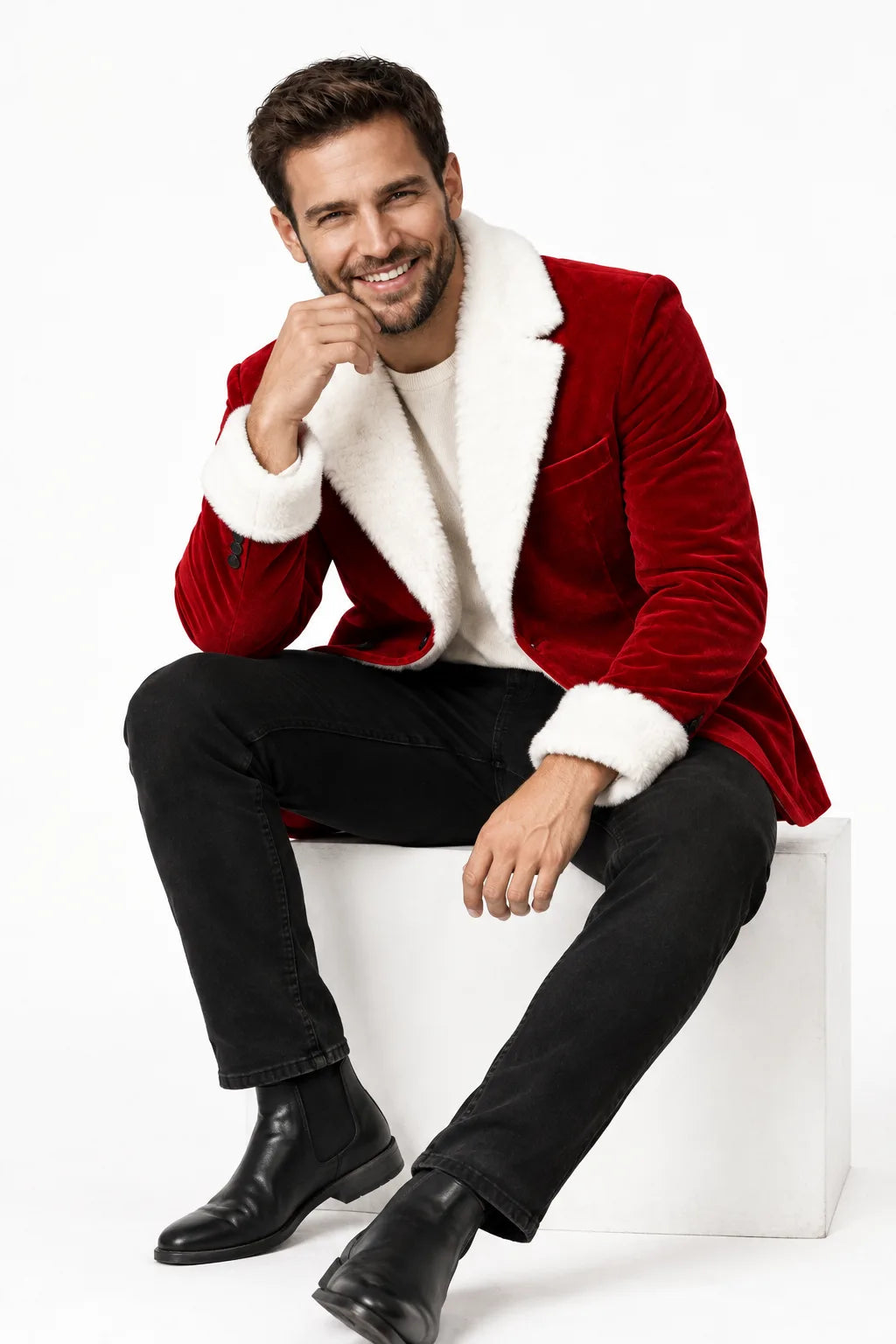 Men's Red Velvet Blazer with White Faux Fur Collar