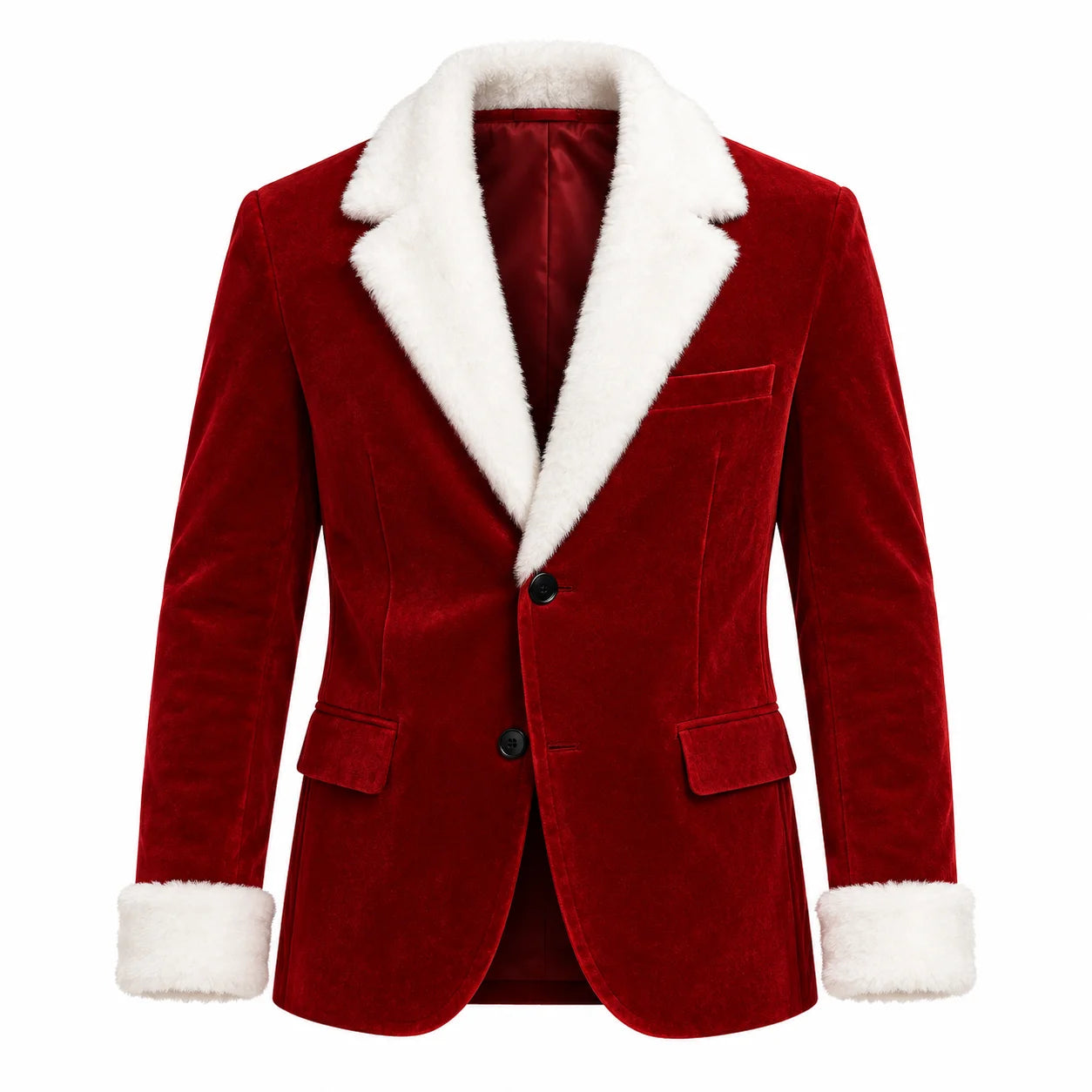Men's Red Velvet Blazer with White Faux Fur Collar