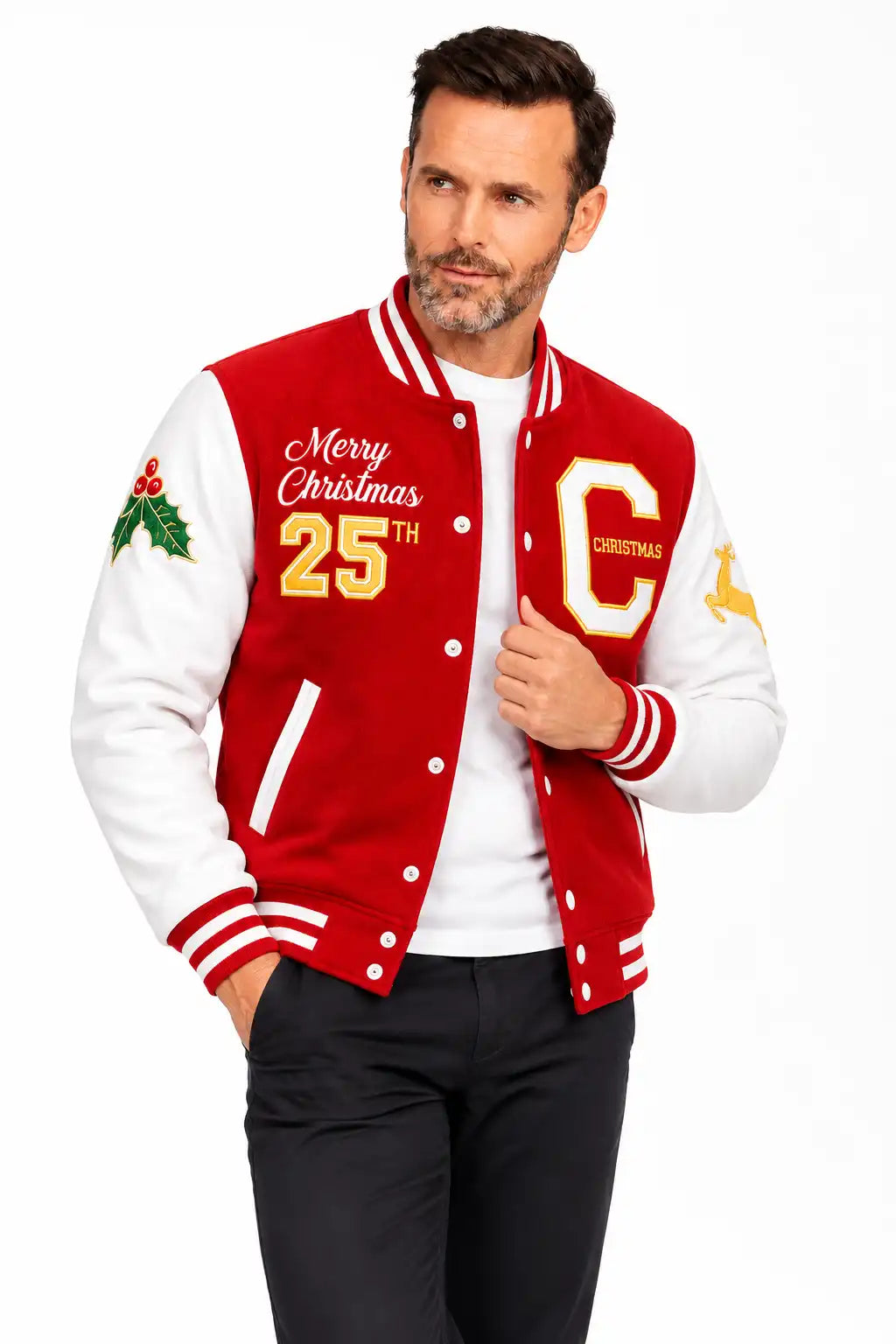 Men's Red and White Wool Christmas Varsity Jacket