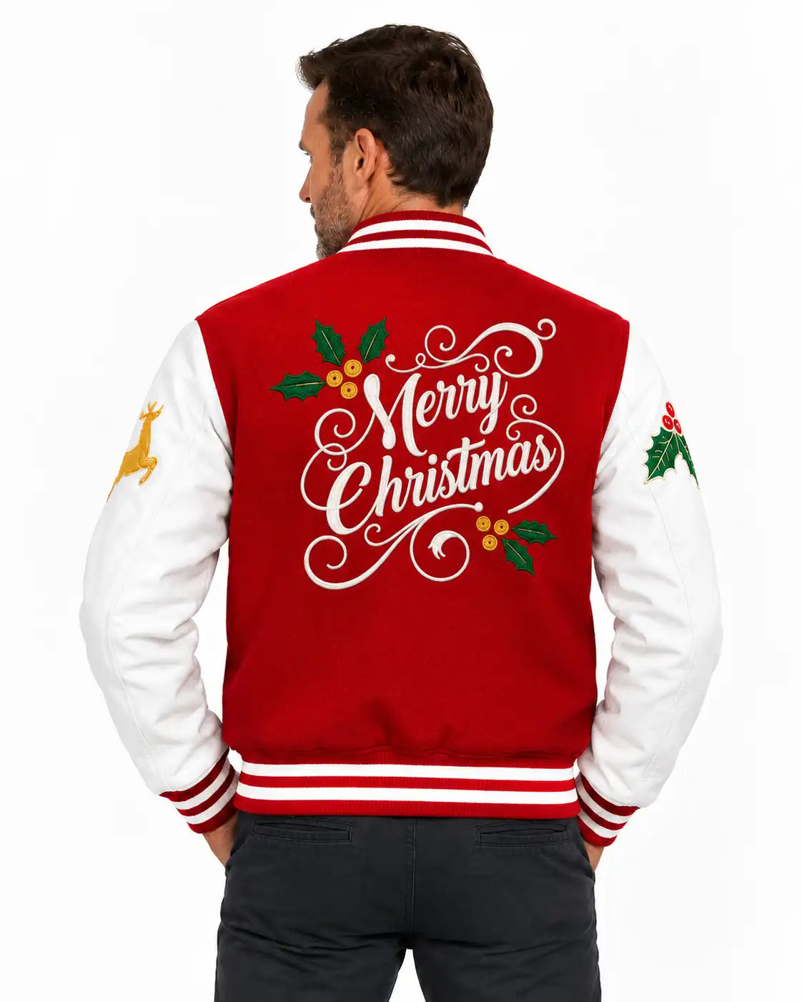 Men's Red and White Wool Christmas Varsity Jacket