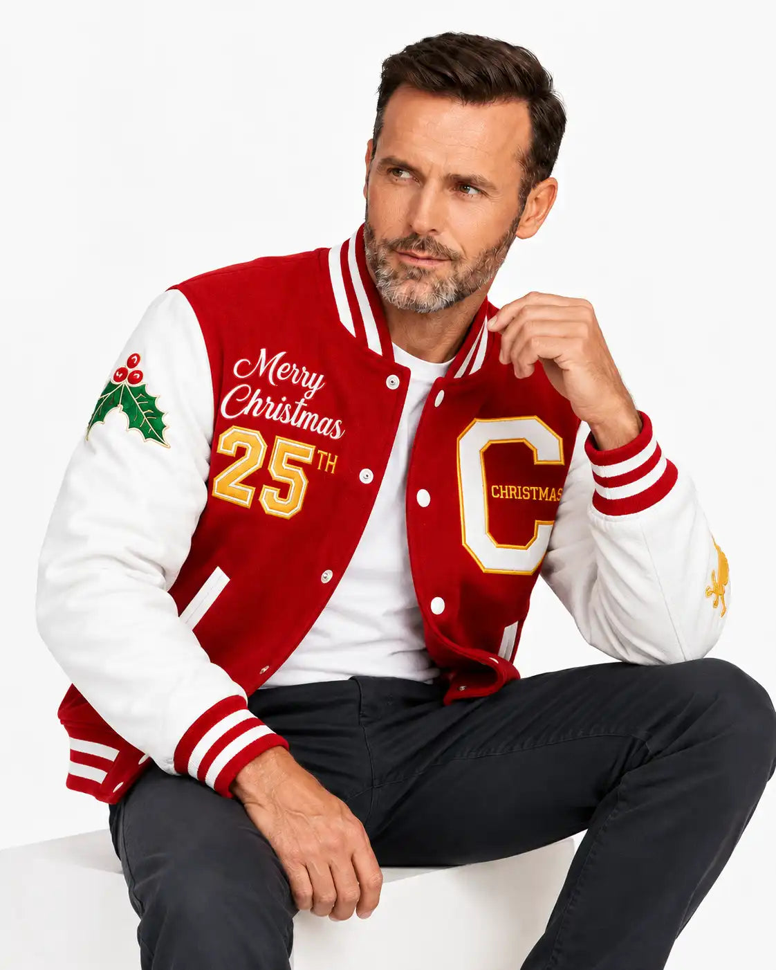 Men's Red and White Wool Christmas Varsity Jacket