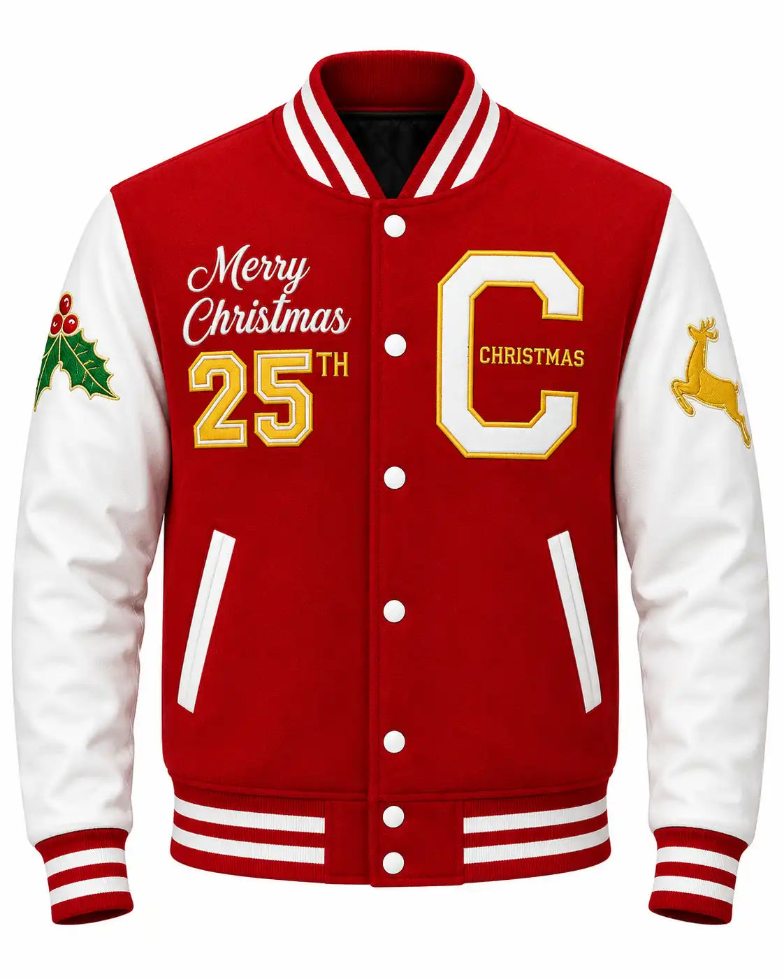 Men's Red and White Wool Christmas Varsity Jacket 