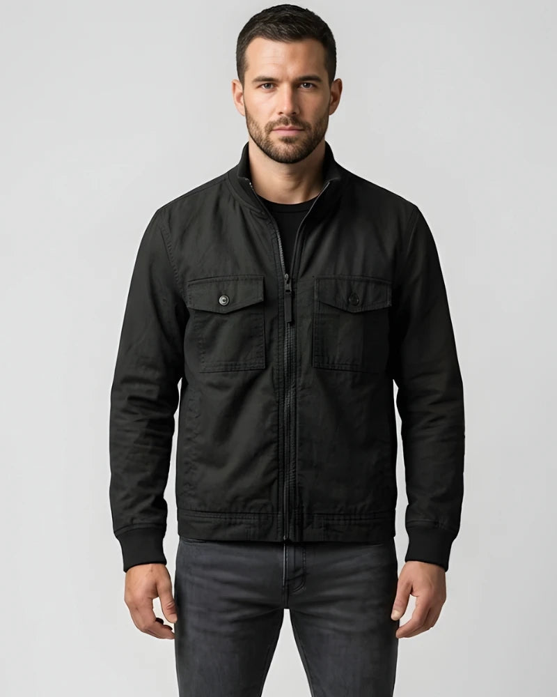 Men's Round Collar Black Cotton Jacket