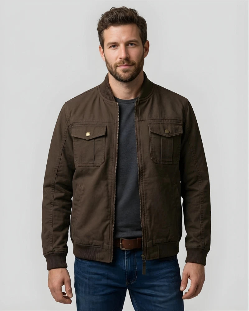 Men's Round Collar Cotton Brown Jacket