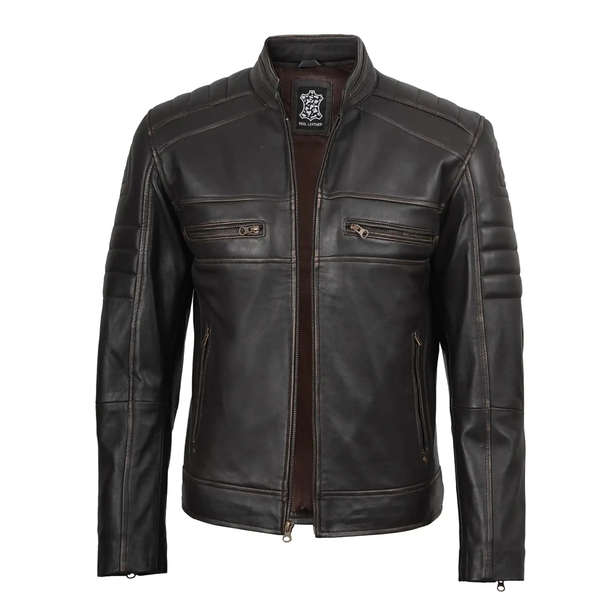 Black leather jacket with visible brand logo on a white background