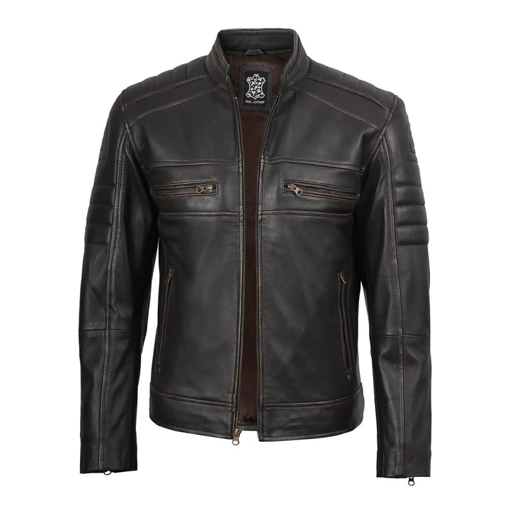 Black leather jacket with visible brand logo on a white background