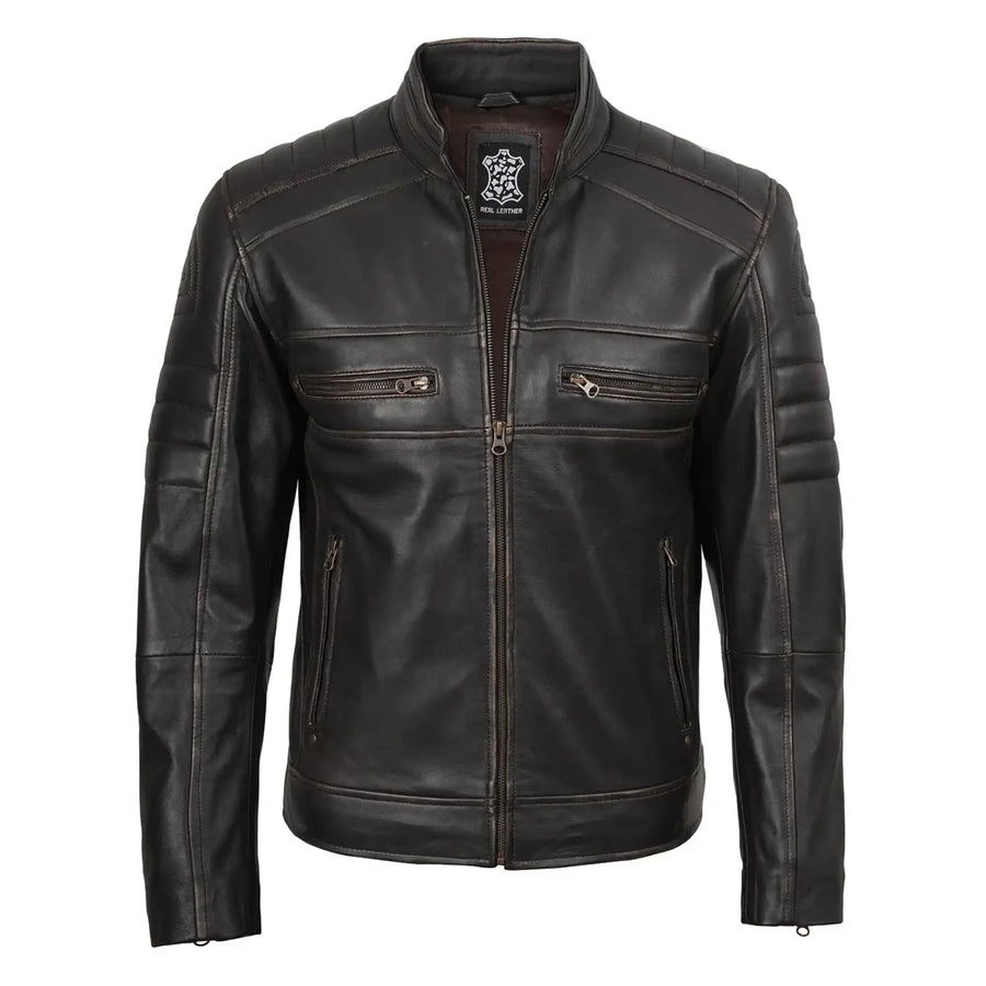 Men's Rub Off Dark Brown Cafe Racer Leather Jacket