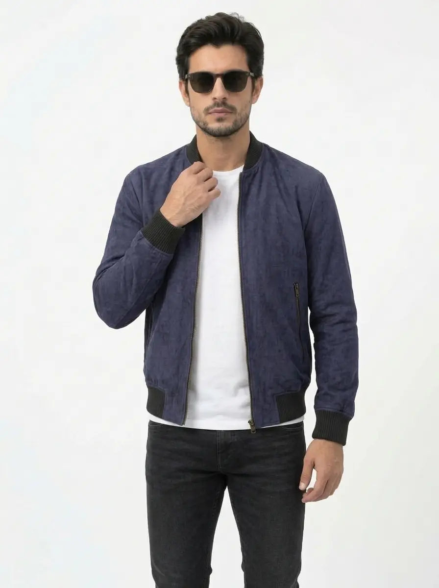 Men's Shane Blue Suede Leather Bomber Jacket