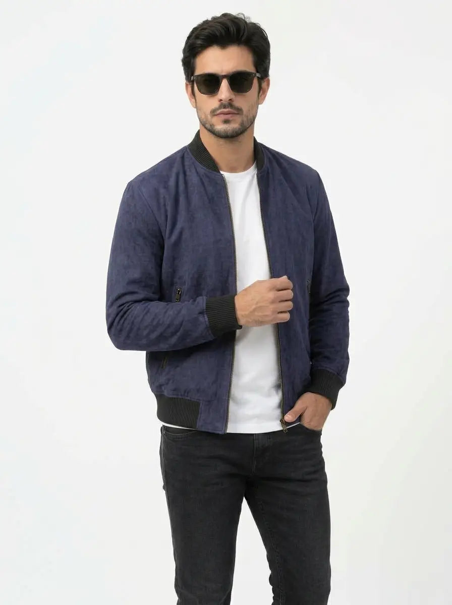 Men's Shane Blue Suede Leather Bomber Jacket