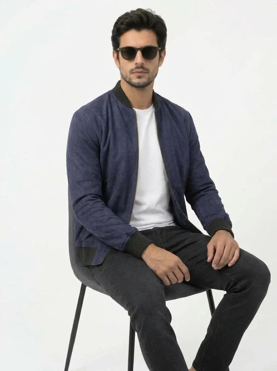 Men's Shane Blue Suede Leather Bomber Jacket