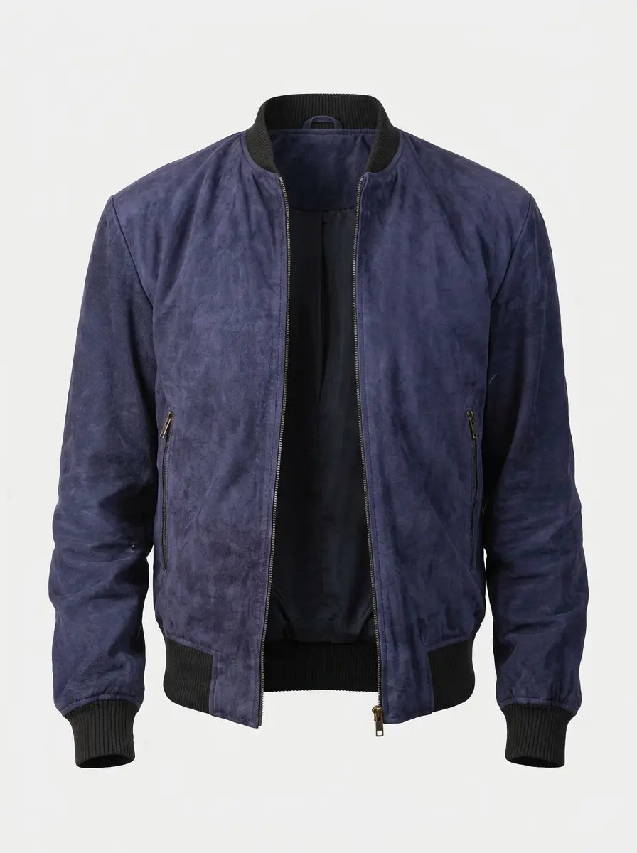 Men's Shane Blue Suede Leather Bomber Jacket