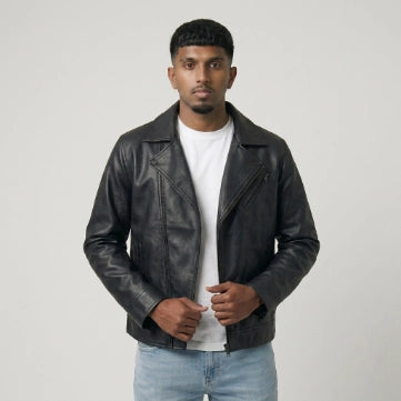 Men's Sheepskin Leather Black Biker Style Jacket