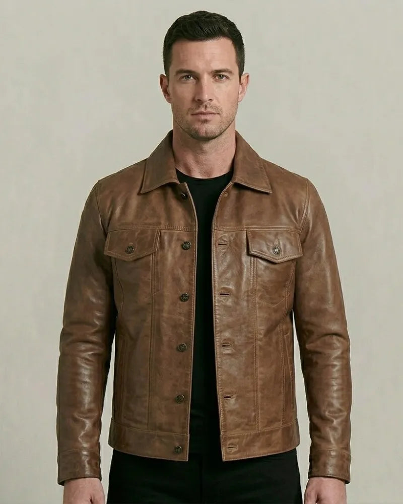Men's Sheepskin Leather Camel Brown Trucker Jacket