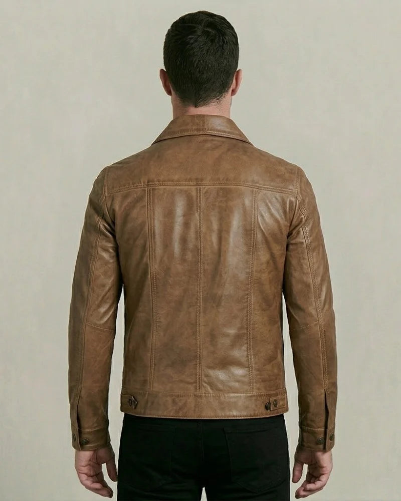 Men's Sheepskin Leather Camel Brown Trucker Jacket