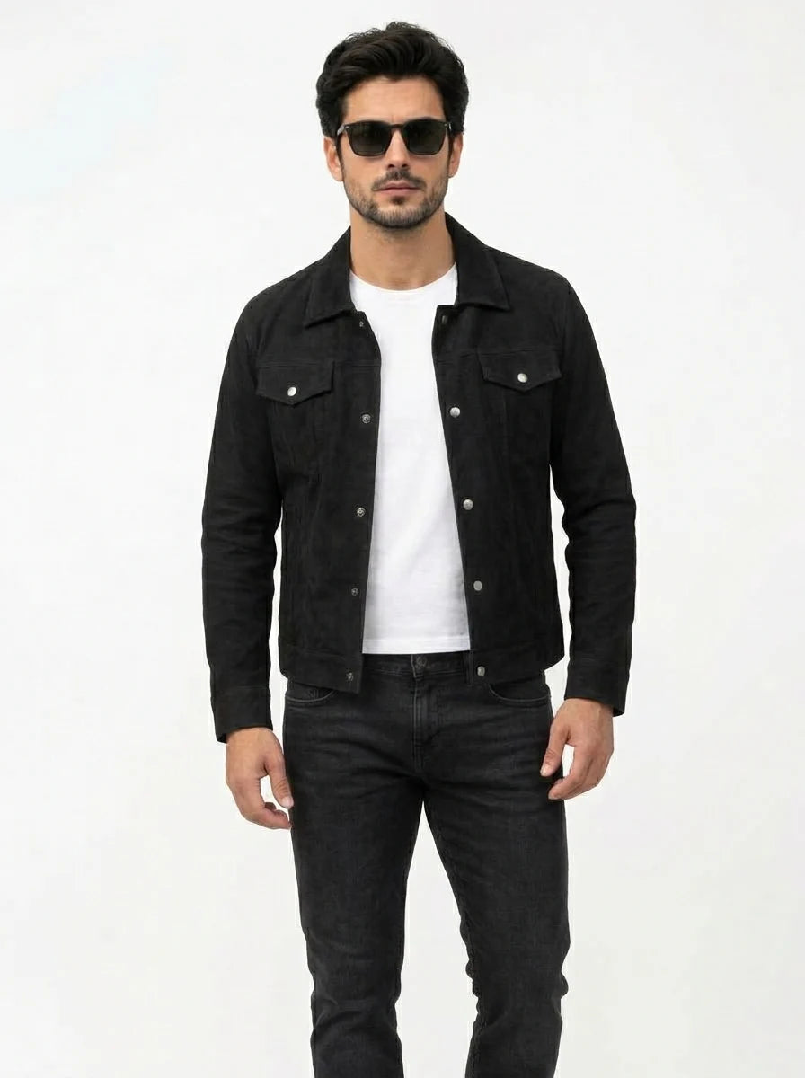 Men’s Stallon Black Suede Leather Trucker Jacket