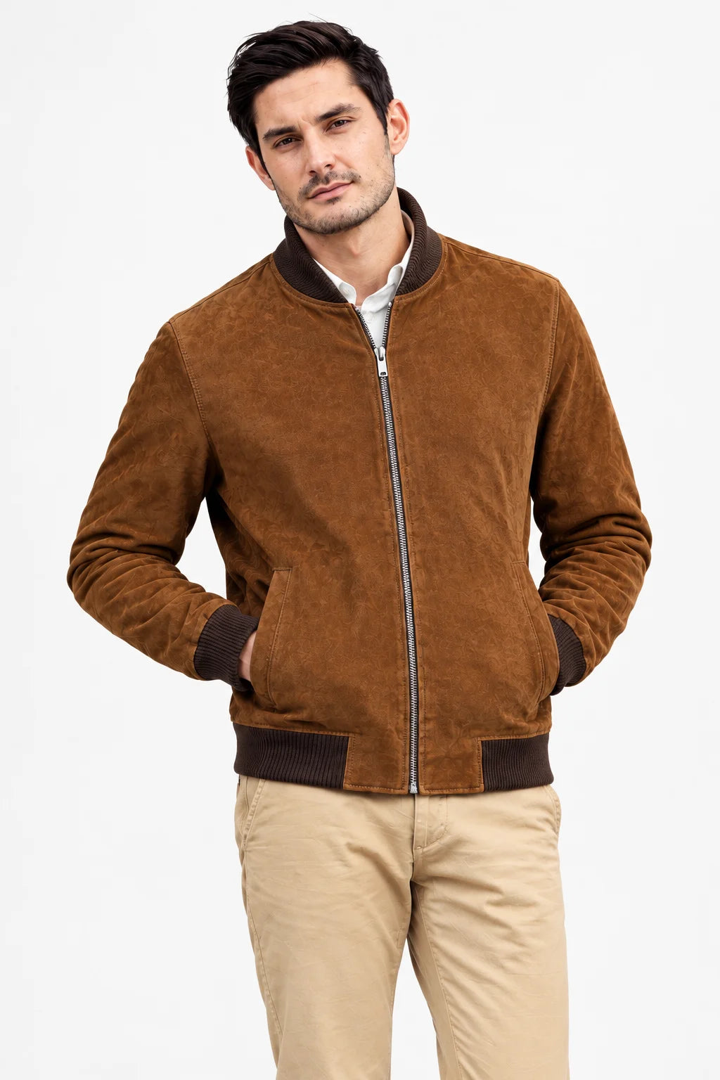 Men's Suede Brown Leather Classic Bomber Jacket