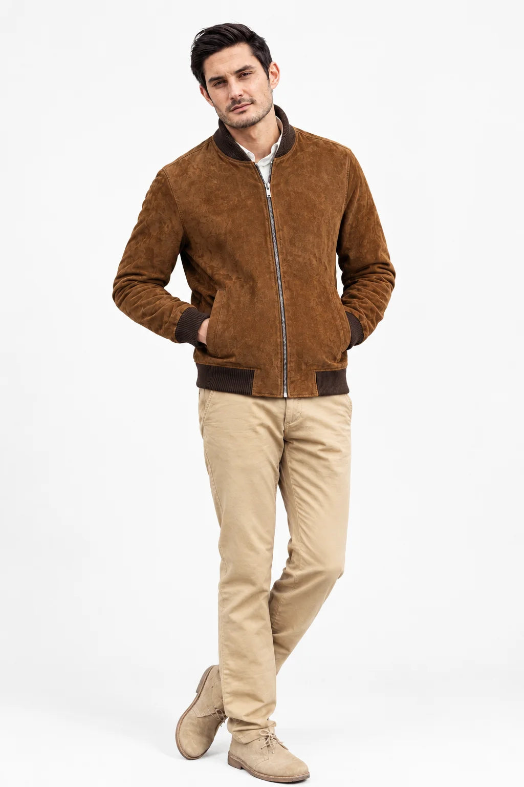 Men's Suede Brown Leather Classic Bomber Jacket 2