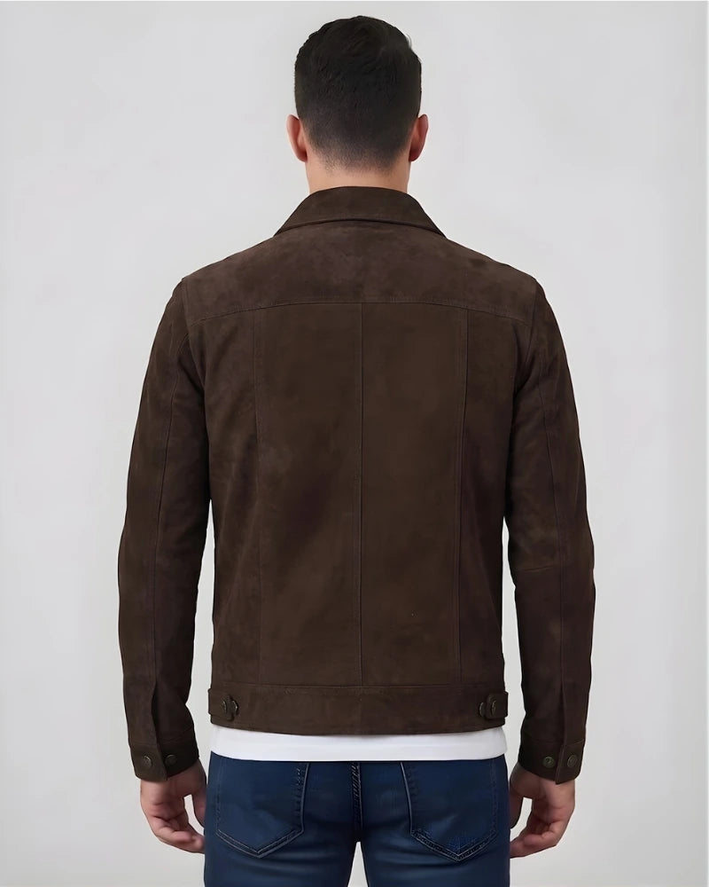 Men's Suede Dark Brown Trucker Style Jacket