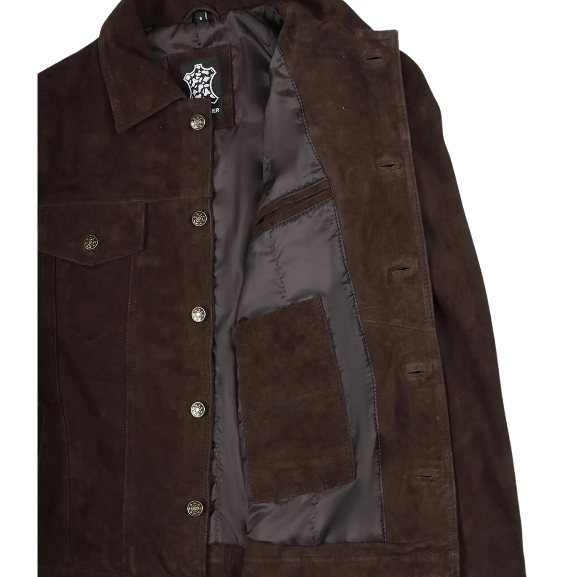 Brown jacket with a brand tag on a white background