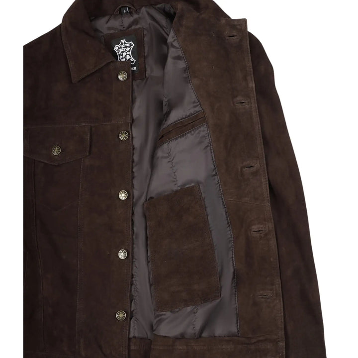 Brown jacket with a brand tag on a white background