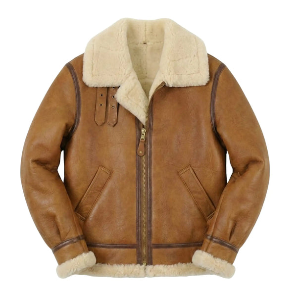 Brown leather jacket with white fur lining on a white background