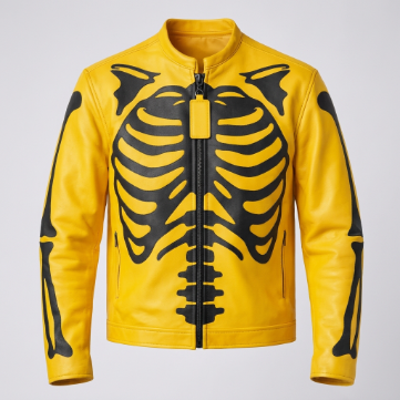 Men's Yellow Skeleton Style Leather Motorcycle Jacket