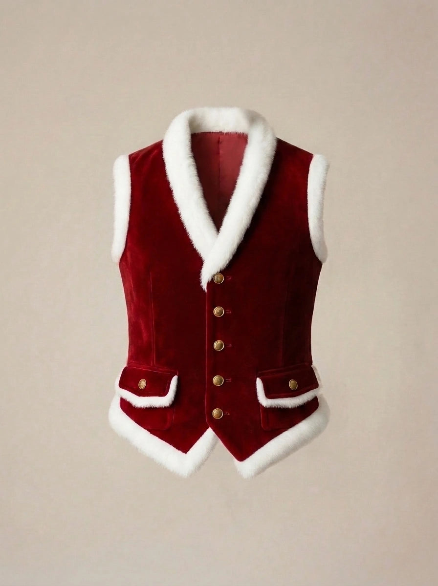 Men’s red Santa Christmas vest with button-front closure and white faux fur accents