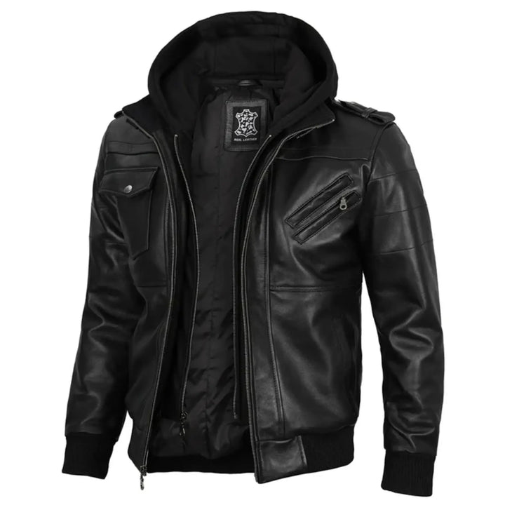 Black leather jacket on a white background