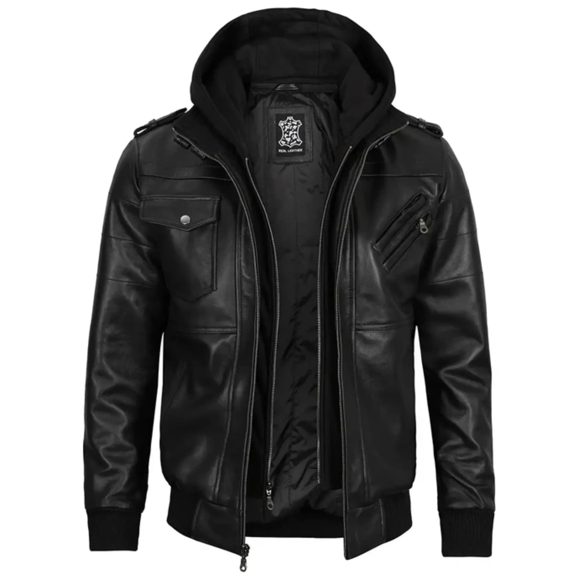 Black leather jacket on a white background