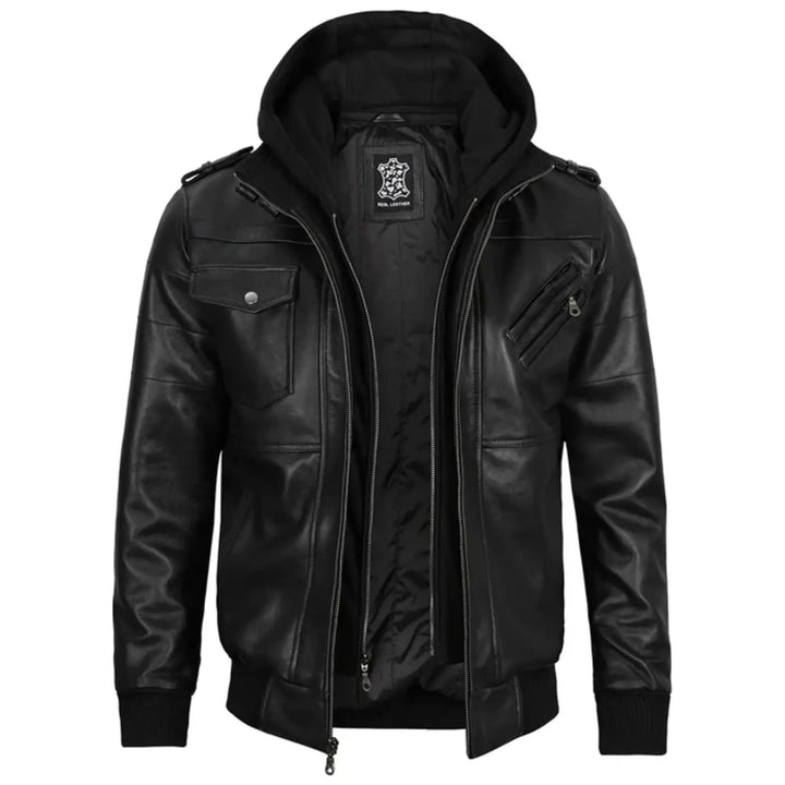 Black leather jacket on a white background