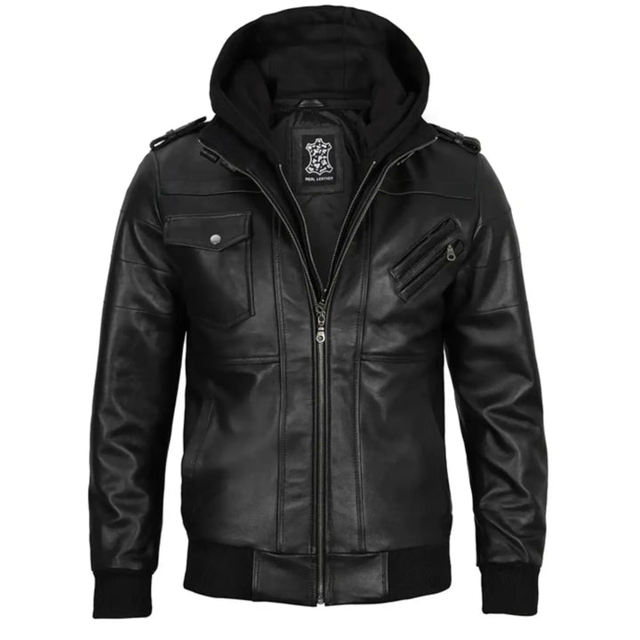 Black leather jacket on a white background