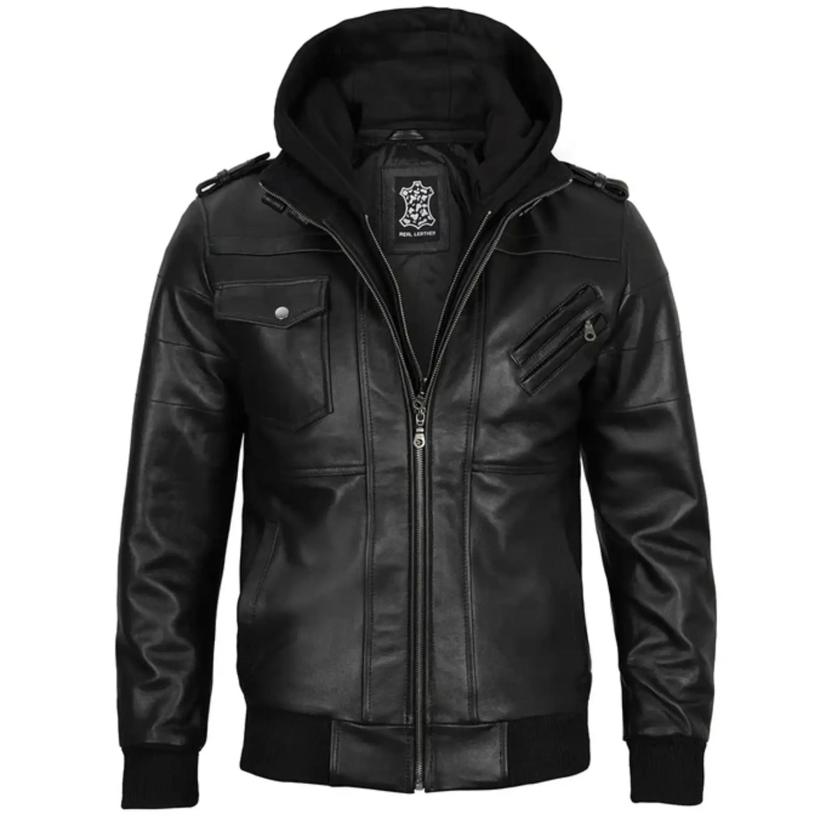 Black leather jacket on a white background