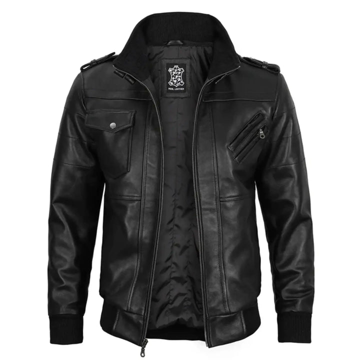 Black leather jacket on a white background