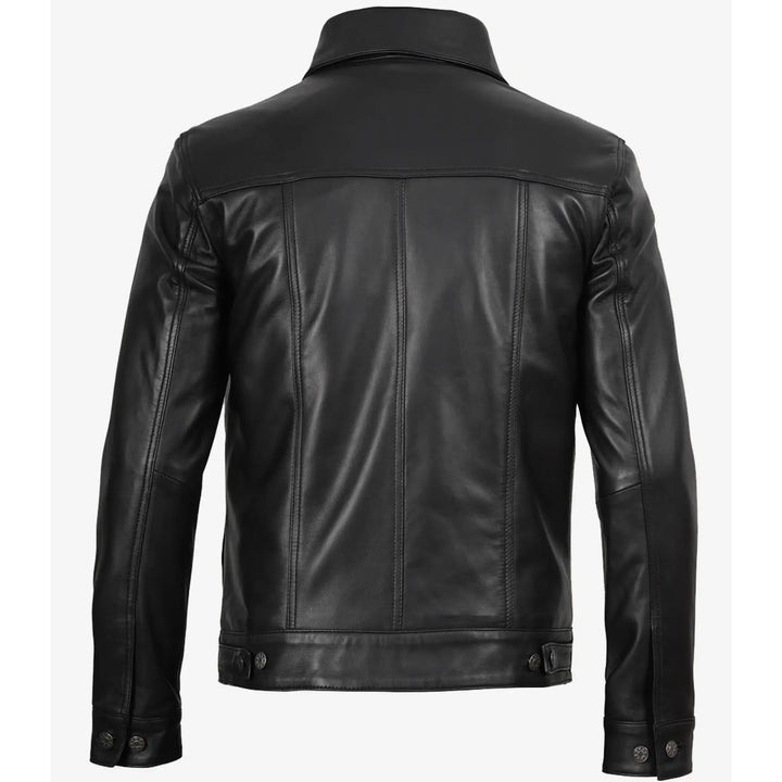 Black leather jacket shown from the back on a white background