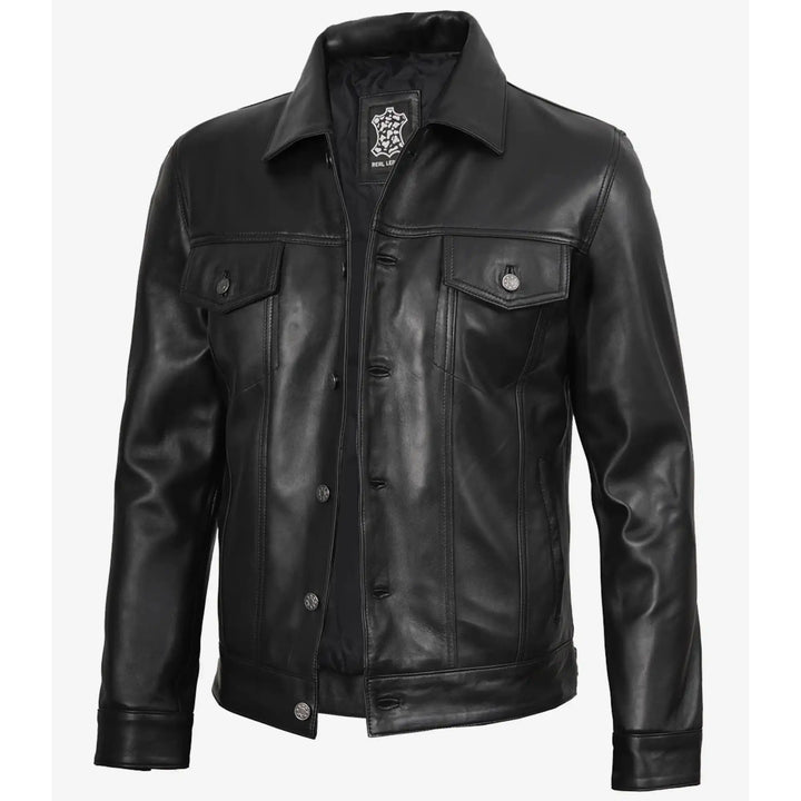 Black leather jacket with a brand logo on a white background