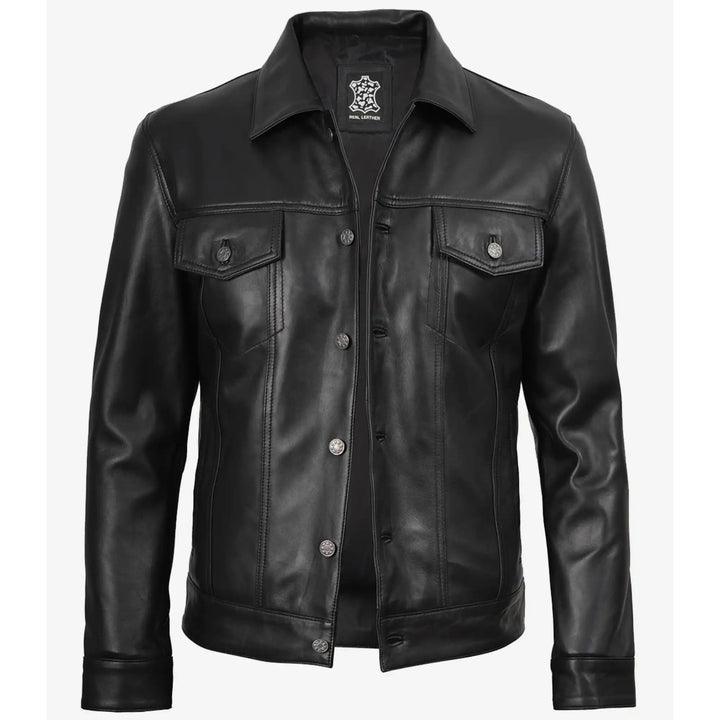 Black leather jacket on a white background