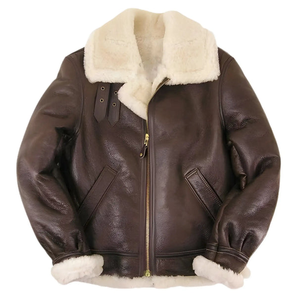 Brown leather jacket with white fur lining on a white background