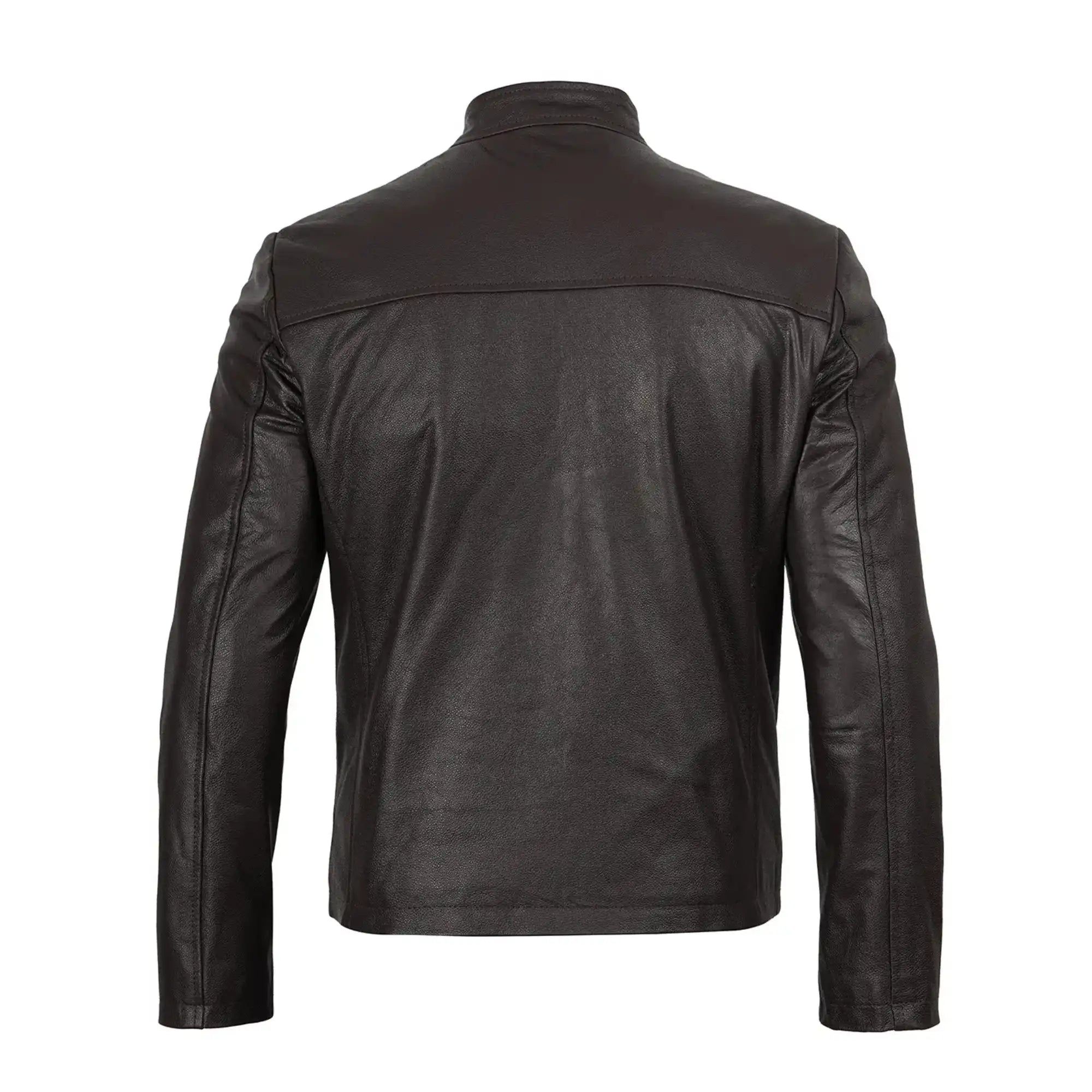 Black leather jacket shown from the back on a white background