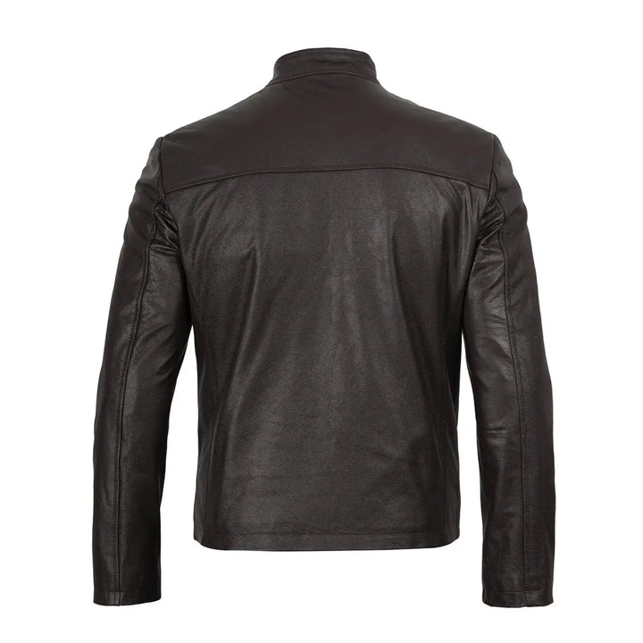 Black leather jacket shown from the back on a white background
