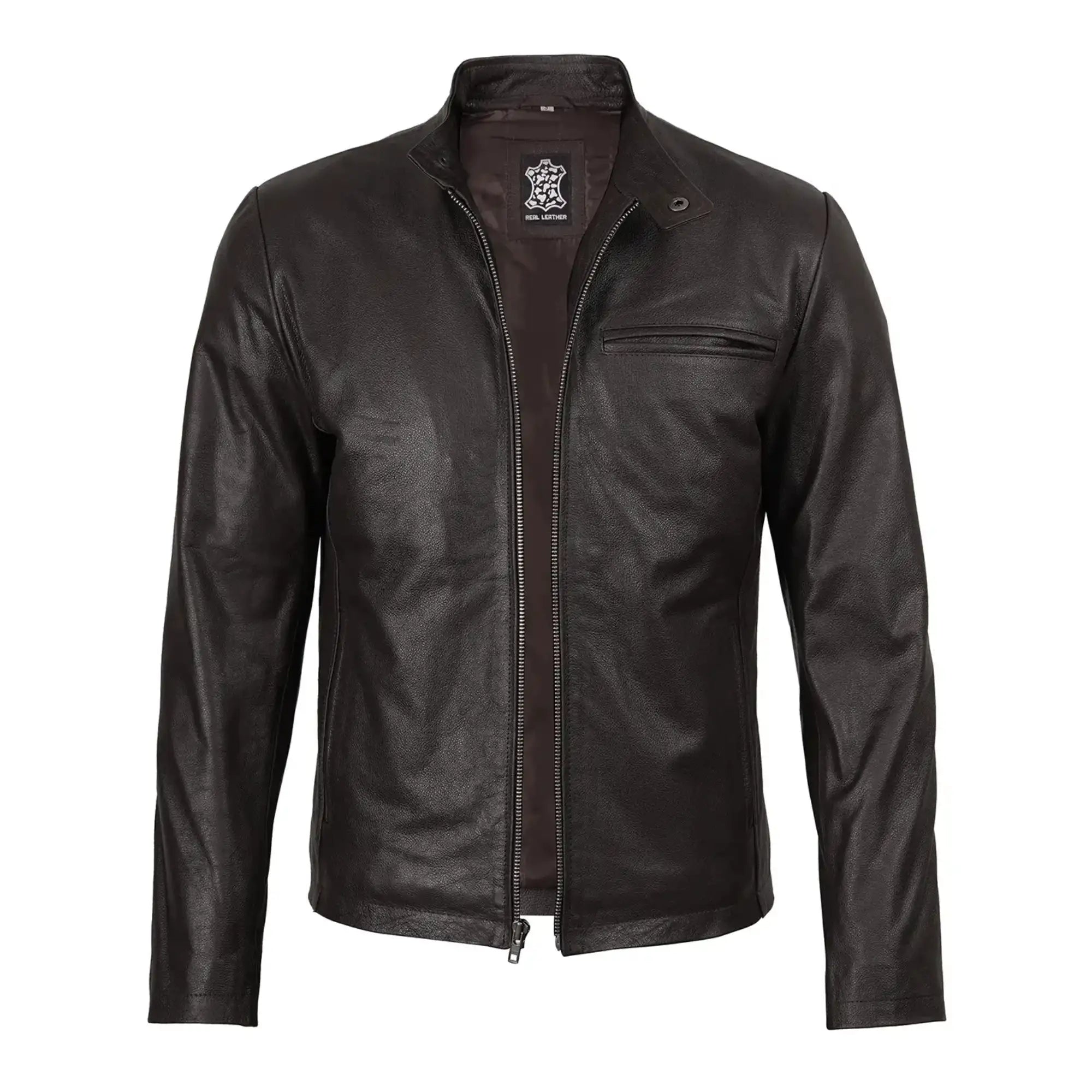 Black leather jacket with a brand logo on a white background
