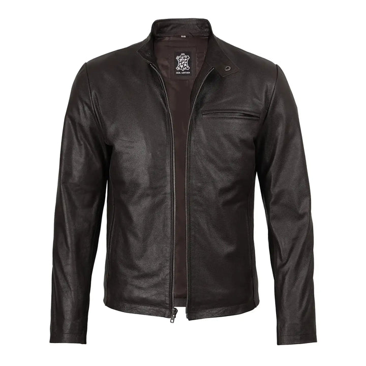 Black leather jacket with a brand logo on a white background