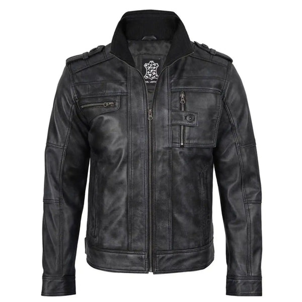 Black leather jacket with a brand logo on a white background