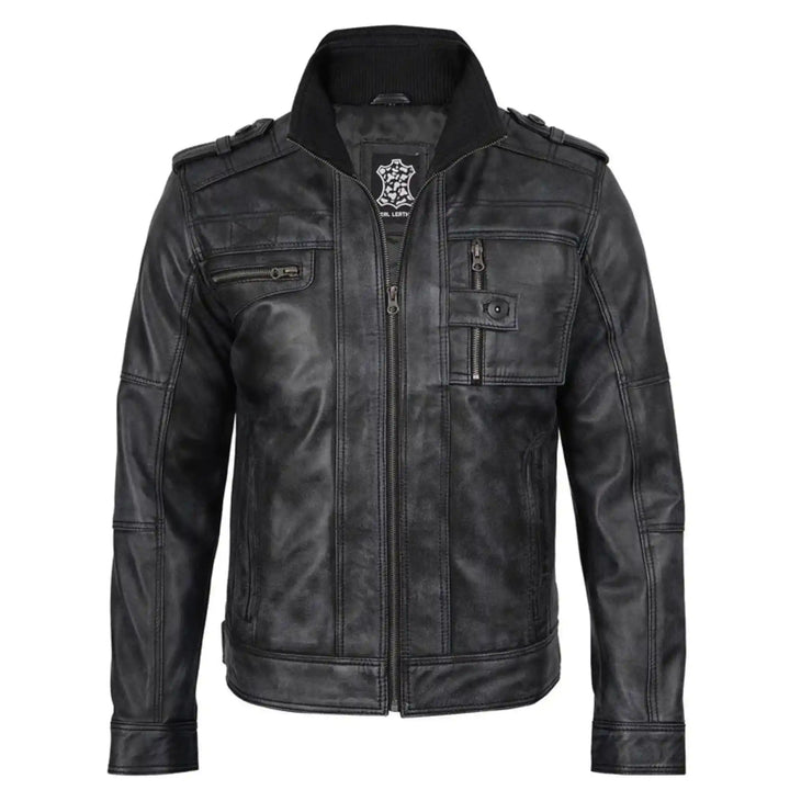 Black leather jacket with a brand logo on a white background