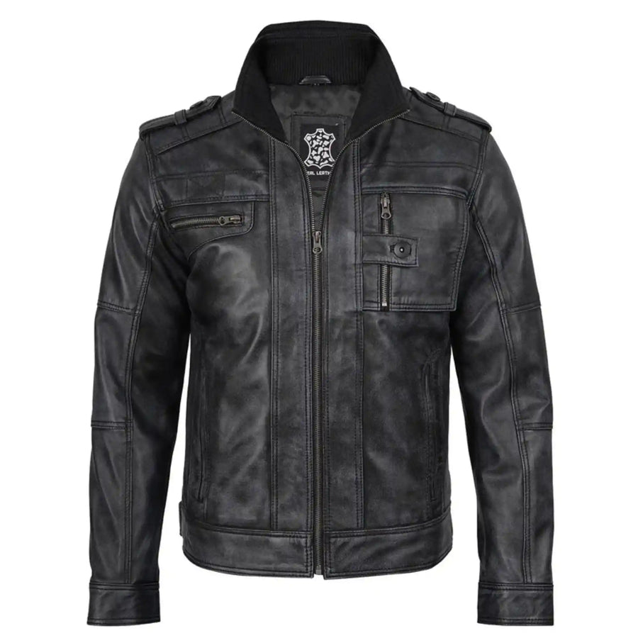 Mens Distressed Black Leather Biker Style Jacket