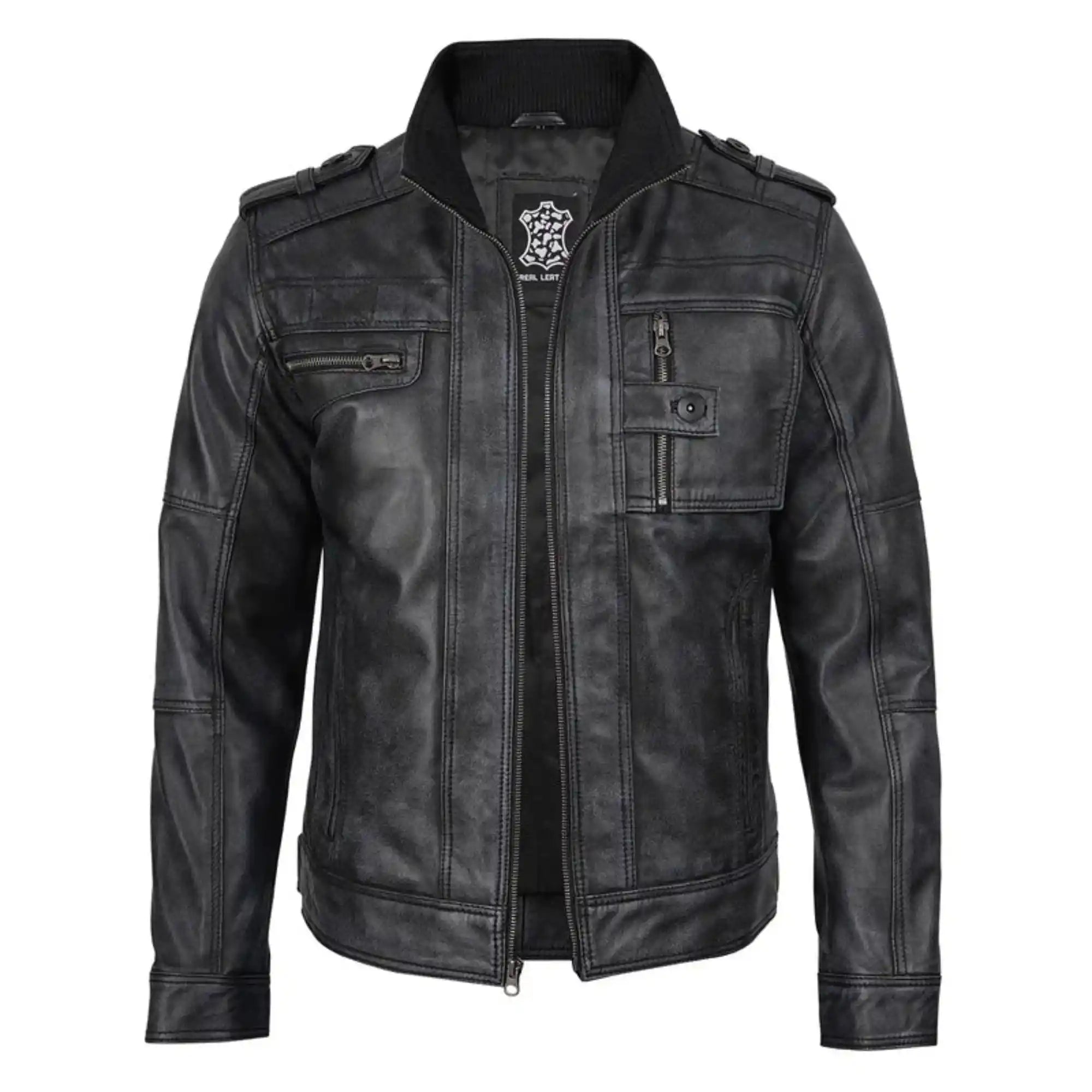 Black leather jacket with a brand logo on a white background