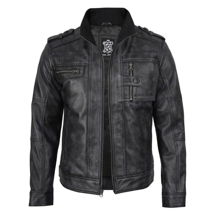 Black leather jacket with a brand logo on a white background